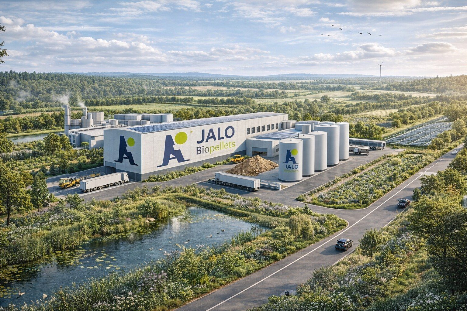Artist impression of the planned JALO plant with silos and greenery